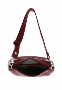 Burgunderfarbene Lederhandtasche mit glatter Oberfläche, Reißverschluss und abnehmbarem Tragriemen. Das Innere ist gefüttert und verfügt über eine Tasche.