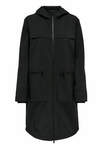 Abrigo negro con capucha, cremallera frontal, dos bolsillos con cremallera y un diseño minimalista. Adecuado para uso casual o al aire libre.