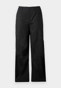 Pantalon noir droit avec fermeture par bouton et zip, passants de ceinture et taille mi-haute.