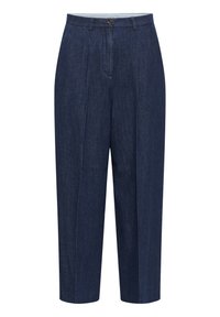 Temno modri denim hlače z ohlapnim krojem, ki vključujejo sprednje plise, en gumb za zapiranje in klasičen dizajn pasu.