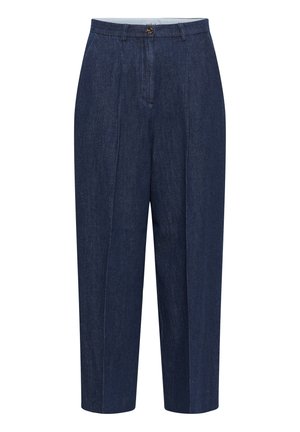 Tumesinised denimpüksid, millel on mugav lõige, esitaskud, üks nupulukk ning klassikaline vöökoht.