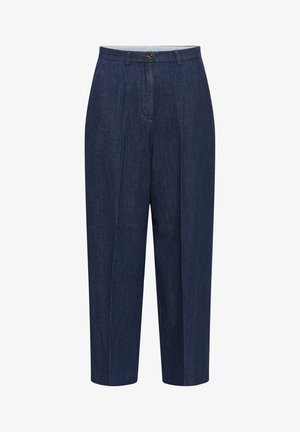 Donkerblauwe denimbroek met een ontspannen pasvorm, voorzien van voorkeursplooien, een enkele knoopsluiting en een klassiek ontwerp van de tailleband.