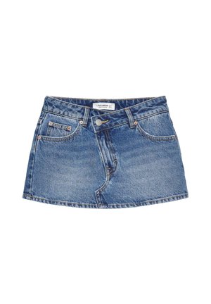 Modra jeans krilo mini dolžine z sprednjimi žepi, zankami za pas, zapiranjem na gumb in detajli z izpranim videzom.