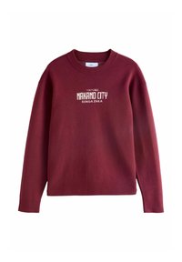 Burgundowy sweter z okrągłym dekoltem, z białym haftem na przodzie "TOKYO NAKANO CITY RENGA ZAKA". Miękka dzianina.