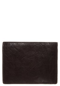 Portafoglio in pelle marrone scuro con una superficie liscia, forma rettangolare e cuciture visibili lungo i bordi. Nessun hardware o accenti aggiuntivi.