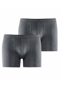 Boxer da uomo grigi realizzati in un tessuto morbido, caratterizzati da una vestibilità aderente, vita elastica con logo "FALKE" e texture liscia su tutta la superficie. Mostrate due pezzi.