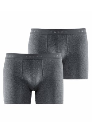 Graue Boxer-Shorts aus weichem Material, mit einer engen Passform, elastischem Bund mit "FALKE"-Logo und glattem Stoff. Zwei Teile abgebildet.