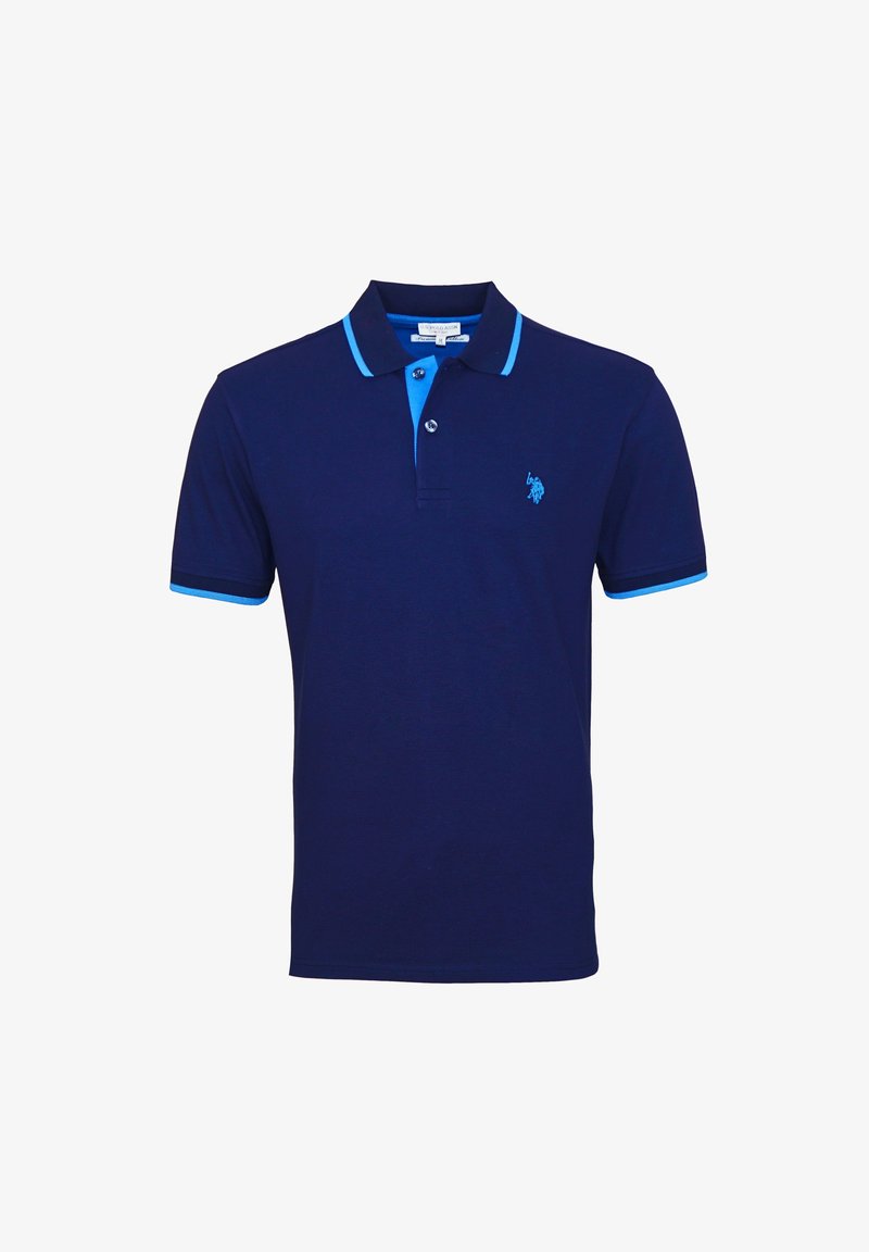 Polo marine en coton avec des accents bleu clair sur le col et les poignets, mettant en avant un petit logo brodé sur la poitrine.