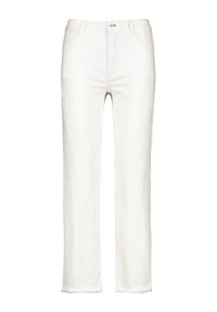 Pantalons en denim blanc avec un motif subtil de rayures zebra, design à jambe droite, cinq poches et un ourlet effiloché. Ils disposent d'une fermeture à bouton et de passants de ceinture.