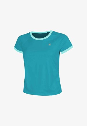 Ein kurzärmliges, türkisfarbenes Sportshirt mit einem hellblauen Halsausschnitt und Ärmelakzenten, aus einem glatten, feuchtigkeitsableitenden Stoff gefertigt.