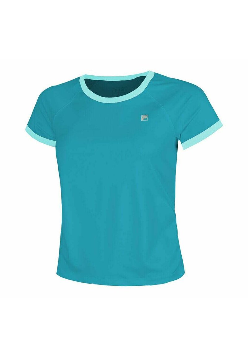 Una camiseta deportiva de manga corta en color teal con un cuello y acentos en las mangas de color azul claro, hecha de un tejido suave y que absorbe la humedad.