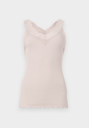 Light pink ribbed tank top featuring a decorative lace neckline and scalloped hem, designed for comfort and a fitted silhouette.