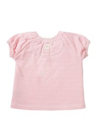 Różowa i biała w paski krótka bluzka z krótkim rękawem, z marszczonymi ramionami i metką z tyłu. Miękka tkanina o teksturowanym wykończeniu.