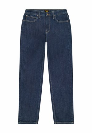 Jeans in denim blu scuro con design a gamba dritta, cinque tasche, cuciture sottili e accessori in ottone sulla vita e sulle tasche.