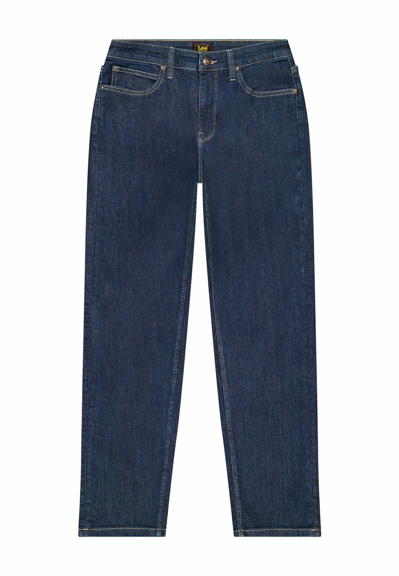 Granatowe dżinsy z prostymi nogawkami, pięcioma kieszeniami, subtelnymi szwami oraz mosiężnym okuciem na pasku i kieszeniach.