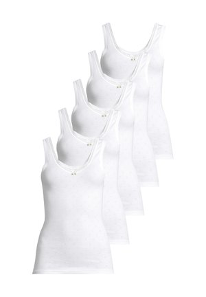 White cotton tank tops arranged in a row, featuring a scoop neckline, delicate floral accents, and subtle textured pattern.
