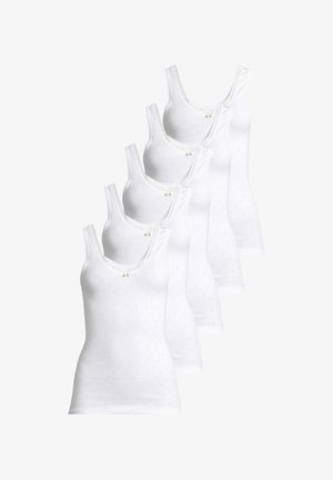 Weißer Baumwolltanktop in einer Reihe angeordnet, mit rundem Halsausschnitt, zarten Blumenakzenten und subtiler Struktur.