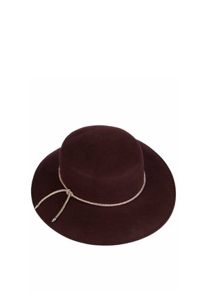 Dark brown wide-brimmed felt hat with a thin decorative beige cord tied in a knot around the crown.
