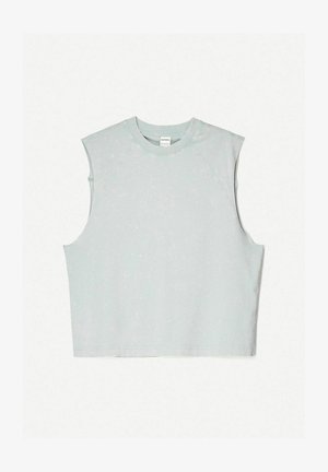 Lyseblå ærmeløs crop top i en blød tekstur. Den har en rund udskæring og rå kanter med en glat, let falmet finish.