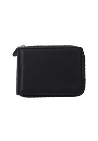 Black leather wallet with a zip closure, featuring a smooth texture and embossed branding on the front. Compact and rectangular in shape.