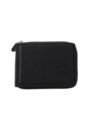 Black leather wallet with a zip closure, featuring a smooth texture and embossed branding on the front. Compact and rectangular in shape.