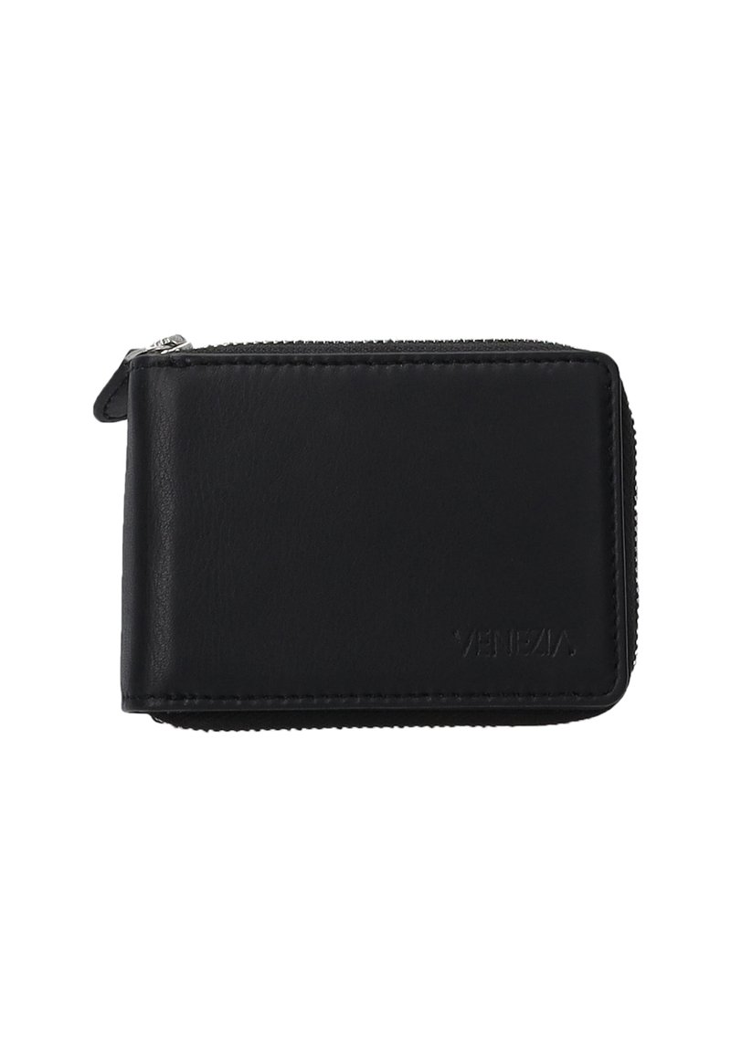 Black leather wallet with a zip closure, featuring a smooth texture and embossed branding on the front. Compact and rectangular in shape.