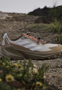 Ανοιχτό καφέ και λευκό παπούτσι Adidas Terrex για τρέξιμο σε μονοπάτια με Gore-Tex, τοποθετημένο σε βραχώδες υπαίθριο έδαφος με διάσπαρτο πράσινο.