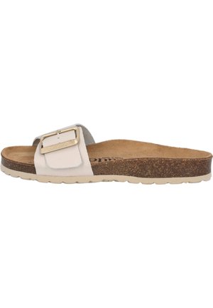 White slide sandal with a wide strap, gold buckle detail, and cork footbed. Raised outsole with a textured grip pattern.