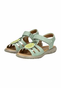 Groene leren sandalen met een geprofileerde zool, drie voorste bandjes en een ananasversiering met gele accenten.