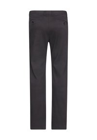 Dunkelgraue Hose mit geradem Bein, ausgestattet mit zwei Gesäßtaschen und einer glatten Textur. Schlichte Bauweise ohne sichtbare Muster.