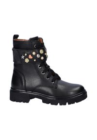 Zwarte leren enkelboots met een structuurafwerking, voorzien van een versierde band met metalen studs, harten en sterren. Chunky zool.