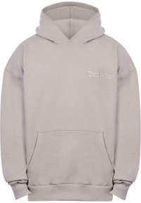 Hellgrau Hoodie aus weichem Material, mit einer Fronttasche und einer Kapuze mit Kordelzug. Besticktes Logo im linken Brustbereich.
