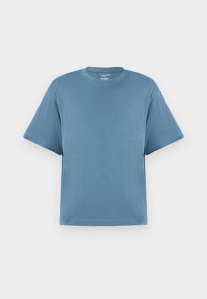 Blå kortærmet t-shirt, lavet af bomuld, med rund hals og løs pasform. Glat tekstur, minimalistisk design, uden mønstre eller accenter.