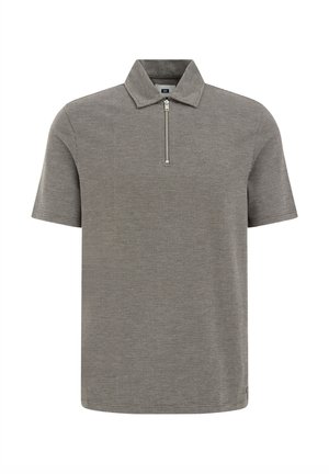 Polo a maniche corte in tessuto grigio melange, con colletto strutturato e zip sul collo. Motivo testurizzato su tutta la superficie.
