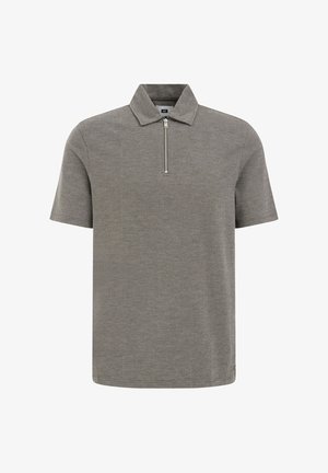 Lühikeste varrukate jahe hall polo-särk, millel on tõmblukk kaeluses ja struktureeritud krae. Kogu särk on tekstuuriga.