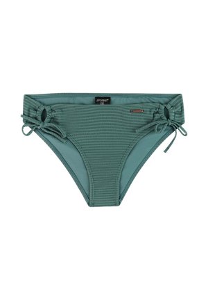 Groen textuur bikinibroekje met zijsneden en verstelbare banden, voorzien van een klein merkje in het midden van de tailleband en aan de zijkant.