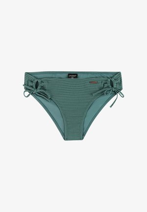 Groen textuur bikinibroekje met zijsneden en verstelbare banden, voorzien van een klein merkje in het midden van de tailleband en aan de zijkant.