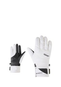 White winter gloves featuring a black leather palm, quilted top, elastic wrist closure, and Primaloft® insulation for warmth.
