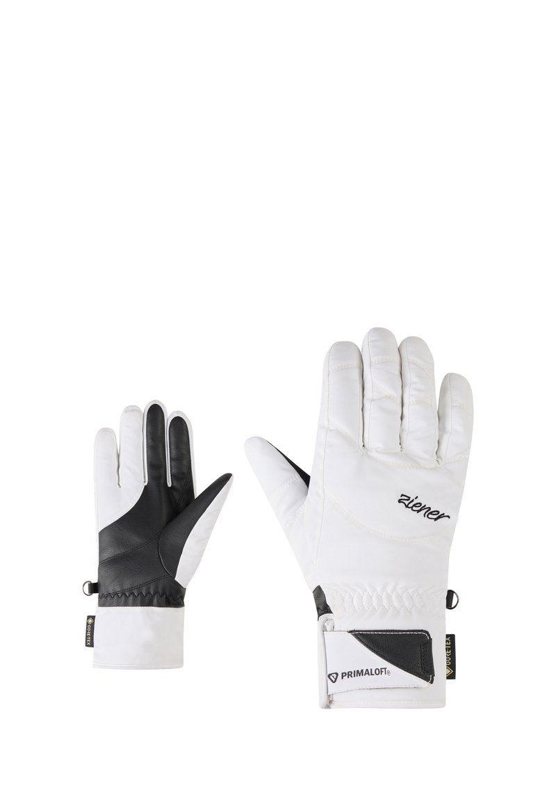 White winter gloves featuring a black leather palm, quilted top, elastic wrist closure, and Primaloft® insulation for warmth.