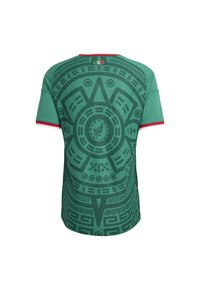 Green short-sleeve shirt with intricate black geometric patterns, red and white accents at the collar and sleeves. Back view shown.
