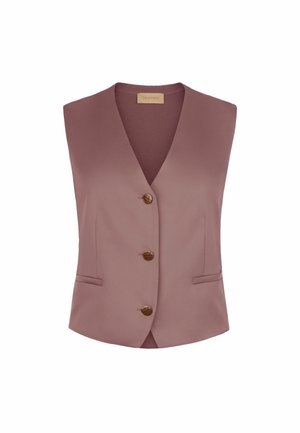 Mauvefarbene ärmellose Weste mit V-Ausschnitt, drei braunen Knöpfen vorne und zwei horizontalen Seitentaschen.