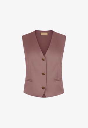 Mauvefarbene ärmellose Weste mit V-Ausschnitt, drei braunen Knöpfen vorne und zwei horizontalen Seitentaschen.