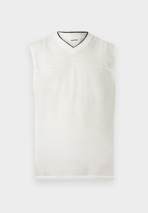 Maillot de sport blanc sans manches en mesh avec col en V et étiquette "YOURTURN" sur le col, présenté sur un fond clair uni.
