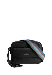 Borsa a tracolla in pelle nera strutturata con tasca frontale, tracolla a strisce multicolore, tirazip con nappina e logo dorato "Love & Roses".