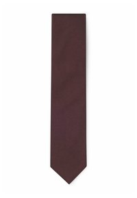 Cravatta bordeaux con motivo intrecciato e tessuto a trama. Presenta una punta appuntita e un design stretto, adatta per occasioni formali.