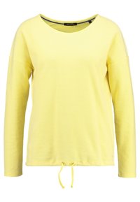 Langärmliges gelbes Oberteil aus strukturiertem Stoff, mit weitem Ausschnitt und verstellbarem Kordelzug am Saum.