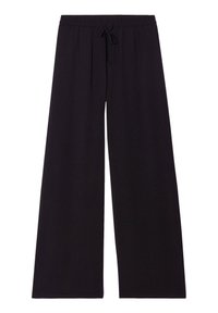 Pantalon large noir en tissu doux. Doté d'une taille élastique avec cordon de serrage et d'une coupe décontractée. Texture lisse sans motifs ni accents visibles.