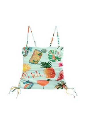 Light blue spaghetti strap top with tropical prints including pineapple, cocktail, sun, leaves, and a soda can, with side drawstrings.