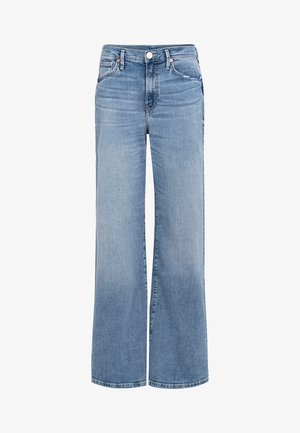 Lichtblauwe denim wijde jeans met een hoge taille, voorzien van een knoopsluiting, zakken aan de voorkant en subtiele vervaging langs de stof.