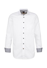 Camicia bianca con maniche lunghe, polsini a motivo a contrasto e taschino sul petto. Bottoni neri accentuano la patta anteriore.